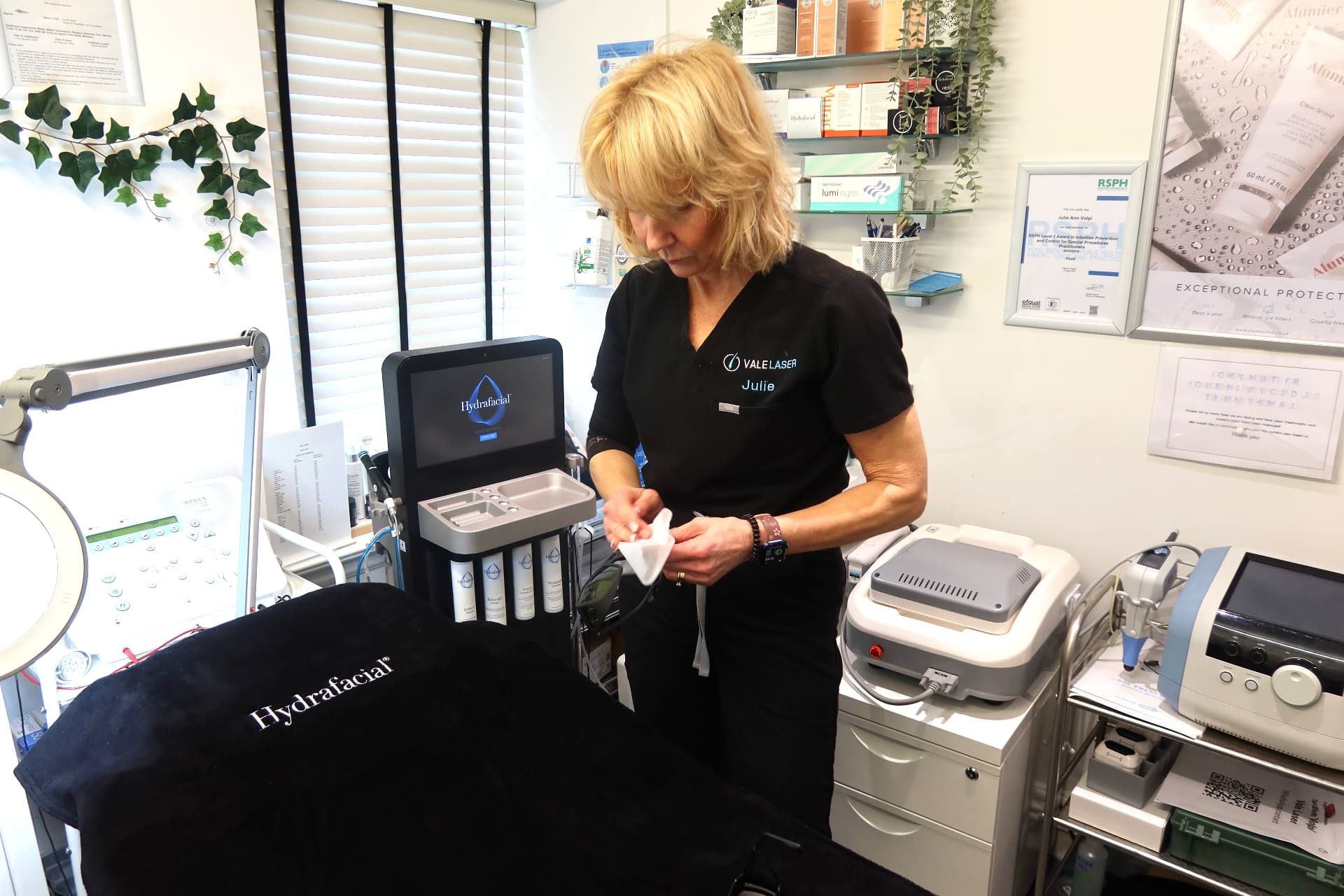 Julie preparing for a Hydrafacial treatment at Vale Laser Whitchurch
