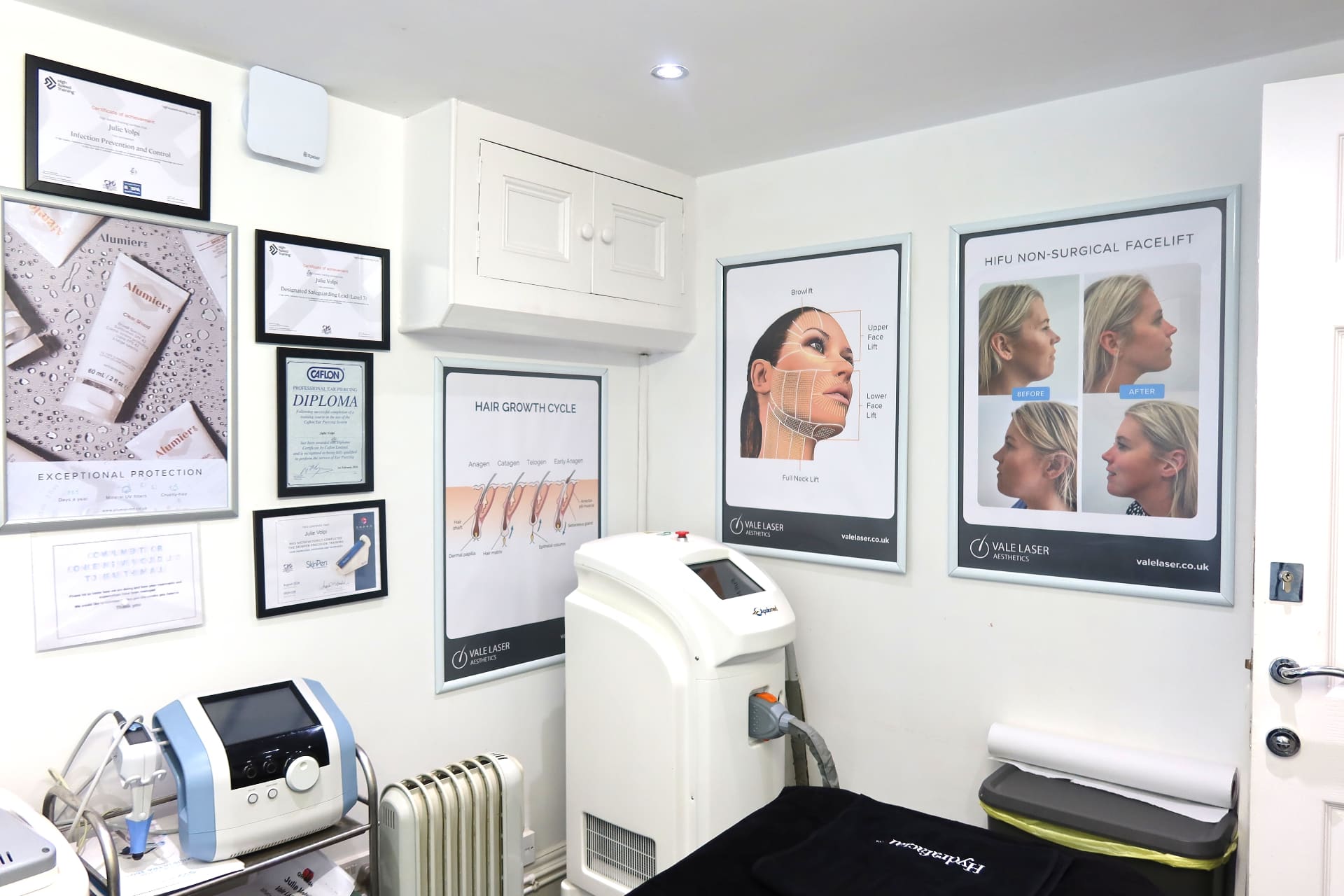 HIFU and laser treatment room with accreditations at Vale Laser Whitchurch